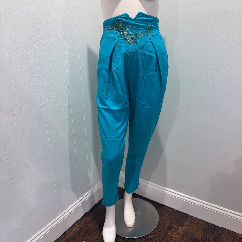 Cache Teal Hand Painted Lace V-Waist Tapered Pants Embellished Vintage | Size 4